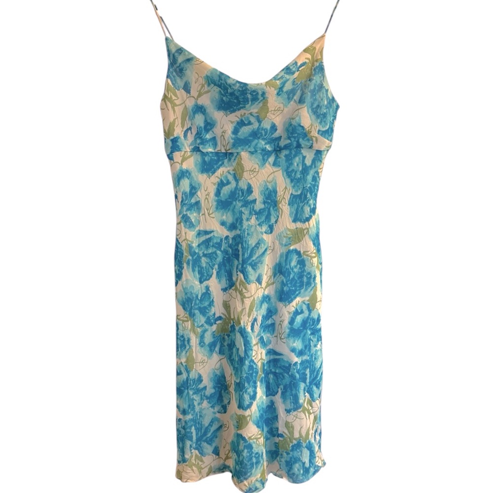 Vintage Ann Taylor Blue and Green Floral 100% Silk Mini Spaghetti Strap Dress
